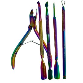 Professional Manicure and Pedicure Set, Double-Ended with Knurled Grip, Rainbow Titanium Coated - Cuticle Pushers - Premium German Stainless Steel (5PK - Trimmer Pliers+Pushers+Scrapper)