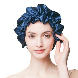 100% Mulberry Silk Reversible Sleep Bonnet – 22 Momme, Double-Layer Hair Wrap & Night Cap for Women Beaty Sleep (Navy)