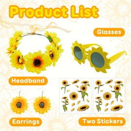 NebulaGlam Pack of 4 Sunflower Costume Accessories, Headband, Sunflower Hair Accessories, Headband, Sunflower Sunglasses, Earrings, Tattoos for Carnival Costume, Women's Carnival Costume Accessories