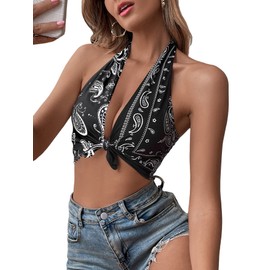 SOLY HUX Halter Tops for Women Paisley Print Bandana Shirt Cowgirl Outfits Color Block Crop Top Black Paisley S