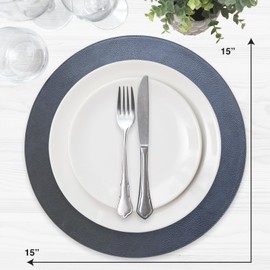 Homewear Morgan Faux Leather Set of 12 Placemats, 15" Round, Navy, Heat Resistant, Stain Resistant, Non-Slip, Reversible, Durable Table Mats for Kitchen, Dining Table, Indoor Washable Use