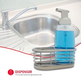 13.5 oz Capacity Refillable Plastic Bottle with Open Wire Caddy for Bathroom or Kitchen by Home Basics | Clear Soap Dispenser for Easy Refills | Storage Space for a Sponge