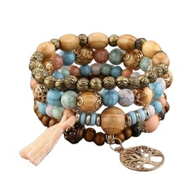 Textiles 4 Home Boho Beaded Bracelet Multilayer Wooden Beads Elastic Charm Bracelet Set (Multi)