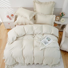 TOCOMOA Ruffle Bed Linen 135 x 200 cm, Girls' Bed Linen Beige, Aesthetic Bed Linen Sets, Soft Microfibre Duvet Cover, Oeko-Tex Certified with Zip, Pillowcase 80 x 80 cm