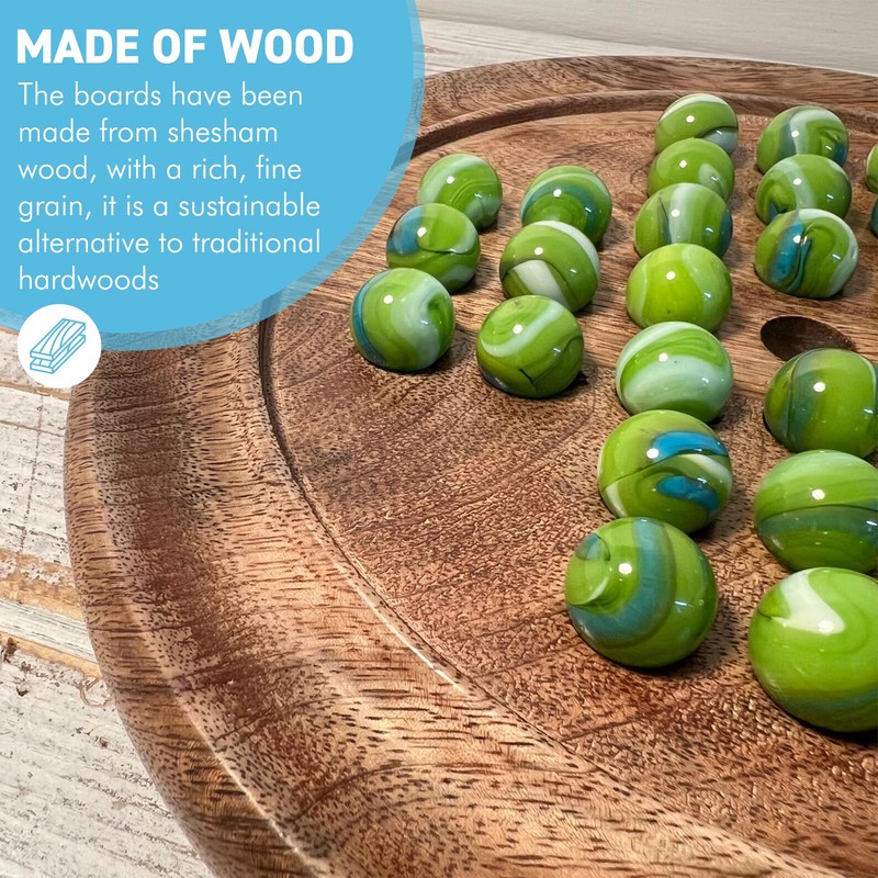 Solitaire Wooden Board Game with Green Goblin Glass Marbles 22cm