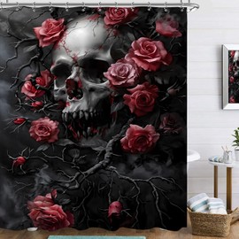 Famiffty - Cortina de ducha con calavera de rosa roja de 60 pulgadas de ancho x 72 pulgadas de largo, divertido océano, clásico, tortuga, baño, burbujas, pato amarillo, accesorios de baño, decoración