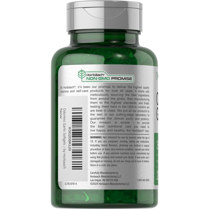 Horbäach Odorless Garlic Softgel Supplement | 200 Count | Ultra