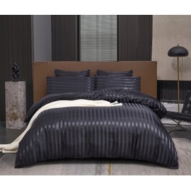 Arianaut King Size Black 5 Pieces Satin Duvet Cover Set Luxury Coquette Silk Like Striped Duvet Cover Black Bedding Set with Zipper Closure 1 Duvet Cover 4 Pillow Cases