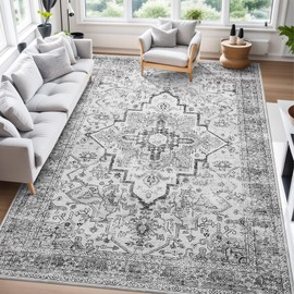 YIHOUSE Vintage Rug 8x10, Washable Grey Rug for Living Room, Non Slip Indoor Thin Rug, Gray Retro Distressed Boho Rugs for Bedroom, Dining Room Office
