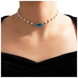 Yheakne Boho Pearl Beaded Choker Necklace Light Blue Crystal Pendant Necklace Vintage Pearl Chain Necklace Oval Sky Blue Topaz Necklace Chain Jewelry for Women and Girls