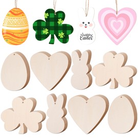 AWIZOM 72 Pcs Wooden Holiday Cutouts Set Unfinished Wood Shamrock Heart Bunny Egg Ornaments Blank Wooden Slices with Twine for DIY Crafts St. Patrick's Day Easter Tags Hanging Decor