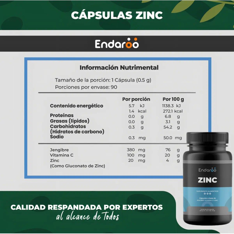 Suplemento Zinc Vitamina Jengibre Cápsulas Endaroo