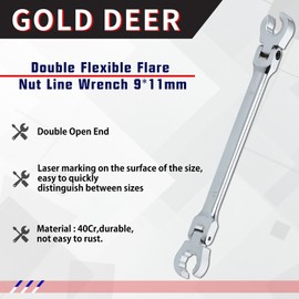 GOLD DEER Double Flare Nut Wrench, Flare Nut Wrench, Flex Flare Nut Wrench, Flare Nut Wrench, Glasses Wrench for Brake Pipes, 0.5 x 0.6 inches (13 x 14 mm), Oscillating Brake Pipe Glasses Wrench,