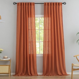 Burnt Orange Linen Back Tab Curtains 144 Inches Extra Long Ceiling to Floor for Villa Rustic - 2 Panels Hooks Belt Pinch Pleated Easy Sliding Curtains Light Filtering Semi Privacy Sheer Drapres