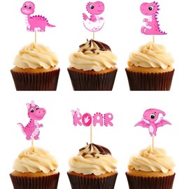 ZpiLkes 24 PCS Dinosaur Cupcake Toppers Glitter Pink Baby Cute Dinosaur Cupcake Picks Decorations for Dino Theme Baby Shower Kids Birthday Party Dinosaur Theme Party Boy Girl Gift Cute