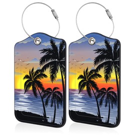 2 PCS Luggage Tags for Suitcase Exotic Tropical Landscape and Palms Leather Suitcases Tag with Stainless Steel Loop and Name ID Address Label Privacy Cover for Women Men Travel Luggage Accessories