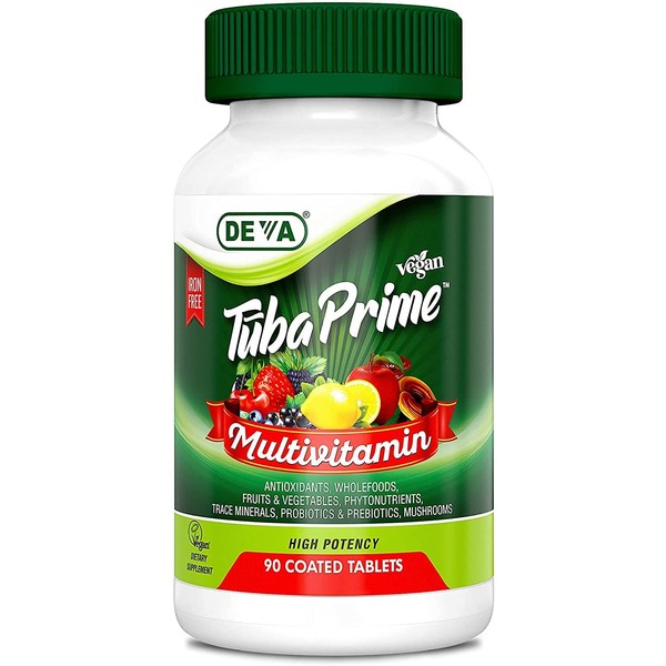 Deva Tuba Prime Vegan Multivitamin Iron-Free - High-Potency Vitamin & Mineral Dietary Supplement - Antioxidants, Fruit & Vegetable Blend, Super Mushrooms, Probiotics, Prebiotics, Seeds, Herbs 90 Tabs