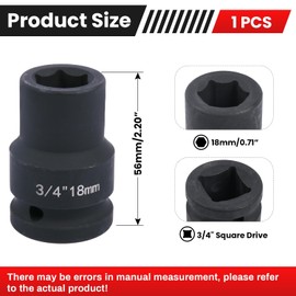 Deep 6-Point Impact Socket 3/4" Drive 18mm,Chrome Molybdenum Steel, Anti-Rust Metric Hex Socket for Car Repairs and Impact Wrench