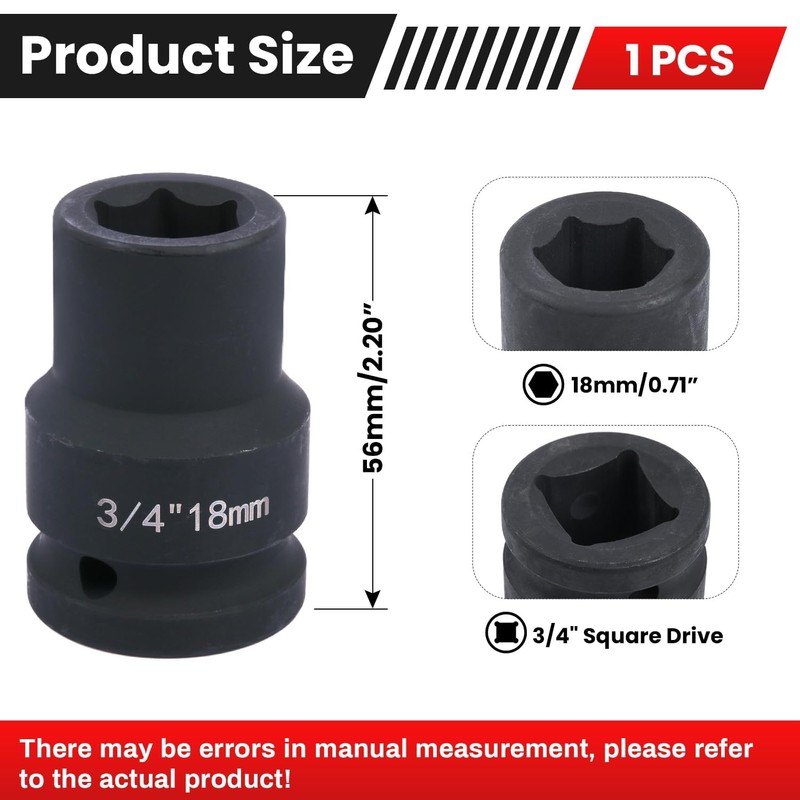 Deep 6-Point Impact Socket 3/4" Drive 18mm,Chrome Molybdenum Steel, Anti-Rust