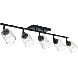 Wanluce 5-Light Black Track Lighting Kit Ceiling Mount Kitchen Track Lighting Fixtures, Bathroom Ceiling Tracking Vanity Light with Bubble Seeded Glass Shade & Rotatable Tracking Heads for Accent Shop