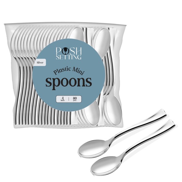 Silver Mini Spoons, Silver Plastic Mini Dessert Spoons, Disposable Tiny Silver Spoons, 4 inch Mini Silver Spoons for Appetizers Tasting Posh Setting (Mini Silver Spoons 80
