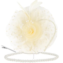 BAHABY Fascinators Hats for Women with Pearl Necklace Set, Beige Tea Party Hat with Headband and Clip