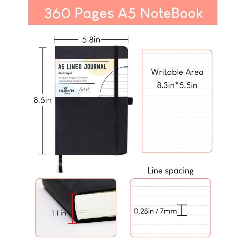 STATIONERY ISLAND A5 Lined Notebook, 360 Pages Thick Journal Notebook,