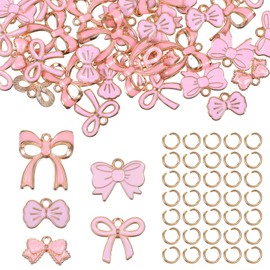 Yolev 50 Pcs Pink Bow Charms for Jewellery Making Cute Bowknot Jewellery Charms Enamel Kawaii Charm for Crafting Alloy Pendants With 50 Jump Rings for Bracelet Necklace Earrings DIY Craft Supplies