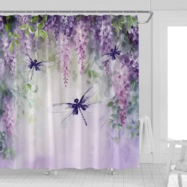 UOZXOML Purple Flower Dragonfly Shower Curtain Wisteria Floral Blossom Vine Green Leaves Nature Plant Rustic Wildflower Fabric Bathroom Decor Curtains with Hooks,70 x 70