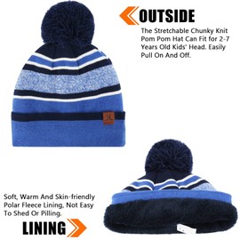 Kids Toddlers Winter Knit Warm Beanie Hat Scarf Gloves Set for Boys Girls Age 2-7, Pompom Cap Neck Warmer Gloves Fleece Lined, Blue