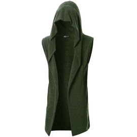 GIVON Mens Sleeveless Hooded Cardigan Lightweight Ruffle Shawl Collar Long Vest Sweater with Hood / DCC046-KHAKI-L
