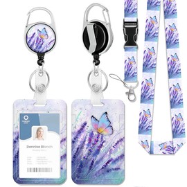 Purple ID Badge Holder with Retractable Lanyard,Lavender Butterfly Badge Holder with Detachable Reel Clip,Work Name Tag Breakaway Lanyard Vertical ID Card Protector Case for Women Doctor Teacher