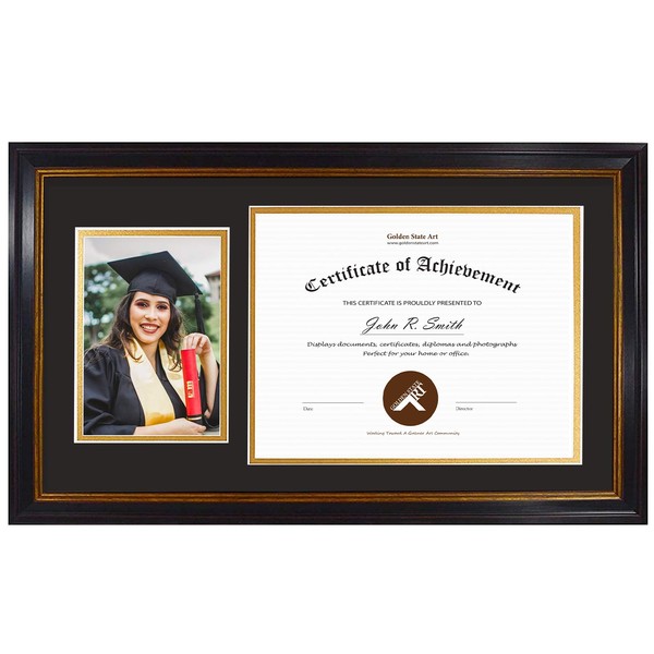 Golden State Art, 11x19.5 Diploma Frame for 8.5x11 Certificate and 5x7 Picture - 2 Openings - Black with Gold Trim and Burgundy Accents - Black Over Gold Double Mat - Real Glass - Wall Mount