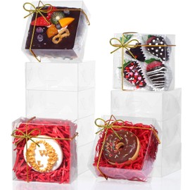 RomanticBaking 25PCS 5x5x2 Inches Full Clear Cookies & Cake Boxes - Strawberries, Chocolate, Cinnamon Roll & Mini Cake Boxes