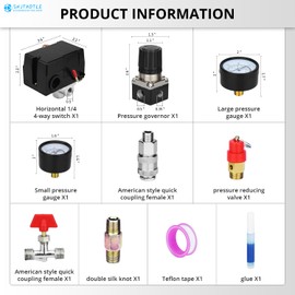 Universal Air Compressor Pressure Switch Control Valve (90-120 PSI, 110V-240V) with 0-180 PSI Regulator and Safety Pressure Relief Valve - 4 Way Replacement Part (110V-240V-B7)