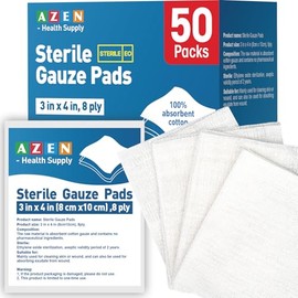 AZEN 50 Pack Sterile Gauze Pads, 3" x 4" Non Stick Gauze Pads, 8-Ply Cotton Gauze Sponges for Wound Care and First Aid, Highly Absorbent Individually 