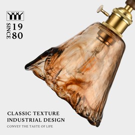 LUXWELL Modern Amber Glass Pendant Light, 7.9"x7.9" Floral Bell-Shaped Hanging Light with Wood Handle & Brass Cap, 15"-72" Adjustable Line, E26 Socket – Golden Amber Morning Glory