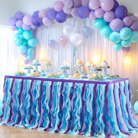 Partisky Mermaid Tulle Tutu Ruffle Curly Willow Table Skirt for Rectangle Table 14ft, Mermaid Themed Party Table Cloth for Girls Birthday Party or Baby Shower