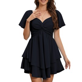 Florboom Women's Summer Sweetheart Neckline Knot Front Flutter Short Sleeve Layered Sexy Mini Dresses Chiffon Casual Flowy Dress (Black, XL)