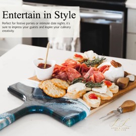 Lynn & Liana Medium Acacia Cheese Board | Wood Resin Cutting Board | Luxury Charcuterie Board for Serving | Handmade Cutting Board | 8 in x 16 in - Navy White Metallic