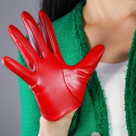 DooWay Women's Fashion Short Leather Gloves Faux Lambskin PU for Dressy Costume Driving 16 cm (Red)