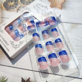 Mkwntg Christmas Press on Nails Short Square Fake Nails with Snowflake Designs Glossy Blue French Tip Glue on Nails Bling Sequins Sparkly False Nails Winter Xmas Acrylic Nails for Women Girls 24Pcs