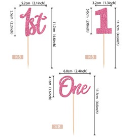 24 piezas de decoración de cupcakes con purpurina para el primer cumpleaños, número 1, para baby shower, niños, primer cumpleaños, aniversario, fiesta, decoración de pasteles, color rosa