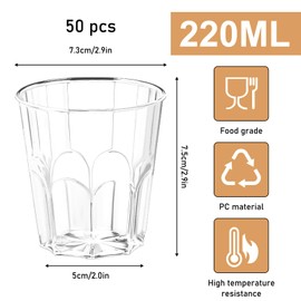 BAIFULAI Pack of 50 Plastic Cups, 220 ml Plastic Drinking Cups, Stackable Cups, Plastic, Party Cups, Hard Plastic Cups, Reusable Cups, Transparent Plastic Cups, for Home, Camping, Picnic, BBQ