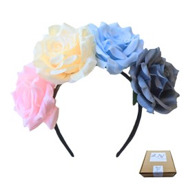 ALLUREVIE Large Flower Headband for Women - Multicolor Large Rose Floral Crown with Vibrant Colors - Perfect for Weddings, Festivals, Parties, and Photoshoots - Handcrafted Boho Hair Accessories