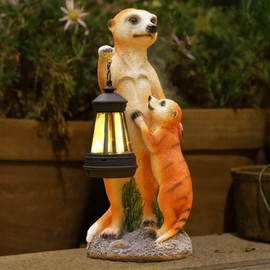 XEERUN Solar Garden Ornaments Outdoor Lights, Meerkat Garden Statue, Mother and Baby Meerkats Sculpture with Solar Lantern, Animal Statue for Lawn, Patio, Porch