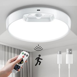 Homelist Luz de techo recargable recientemente actualizada, 8000 mAh, funciona con batería, luz de techo inalámbrica con sensor de movimiento con control remoto para armario, ducha, cobertizo, pasillo