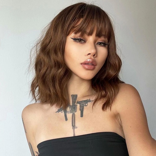 ATAYEA Brown Wig with Bangs Short Wavy Wigs for Women