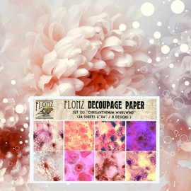 Decoupage Paper Pack (24 Sheets 6"x6") Chrysanthemum Whirlwind FLONZ Vintage Styled Seamless Pattern Paper for Decoupage, Craft and Scrapbooking Flowers Garden