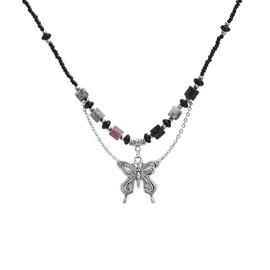 RTY Vintage Beaded Chain Butterfly BowKnot Choker Necklace Punk Beads Necklace for Women Teens Pinky Bow Choker National Style Butterfly Choker Sweet Cool Bowtie Collar Necklace for Women, Zinc, No